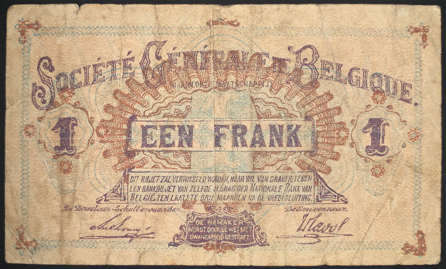 Belgium 1 Franc 1918 P-86b F