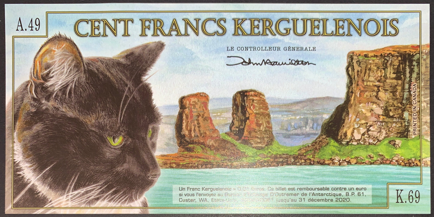 back of Kerguelen Islands 100 Francs 2012 UNC collectible fantasy banknote souvenir currency with landscape and cat