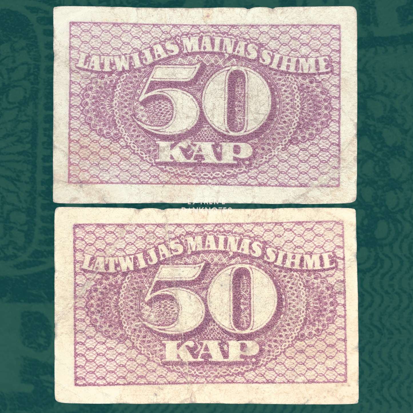 Front and back of Latvia 50 Kapeikas 1920 banknote (P-12), printed in purple with ornate guilloche designs, bold "50 KAP." denomination, and Latvian text "Latvijas Maiņas Zīme." Historic Latvian exchange note from the post-independence period with authentic folds, wear, and aging.