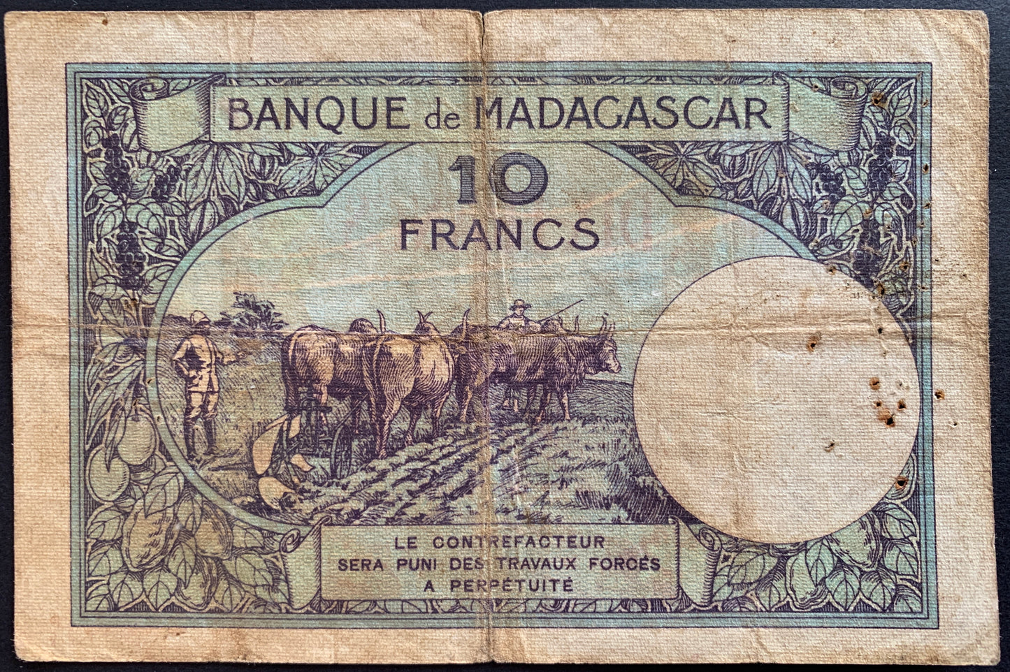 back of Madagascar 10 Francs ND (1926-1937) P-36a F+ african collectible currency with fruits and foliage, a team of zebus plowing the land, settler