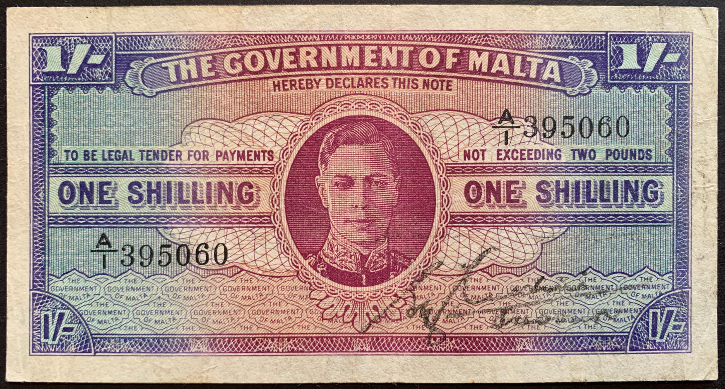 Malta 1 Shilling ND (1943) P-16 VF collectible world war two era vintage banknote with portrait of King George VI
