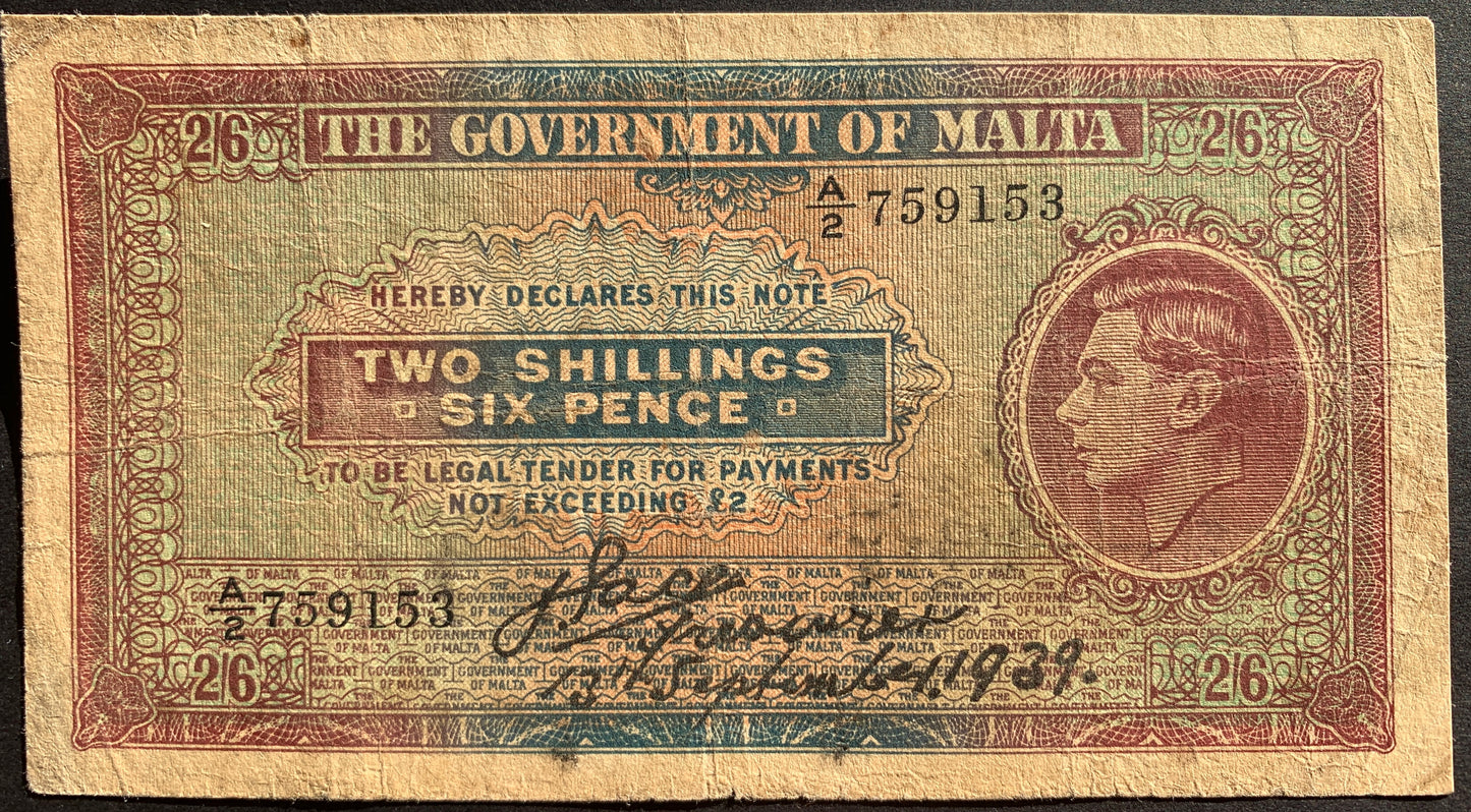 front of Malta 2 Shillings 6 Pence 1939 P-11 F collectible vintage banknote with portrait of King George VI