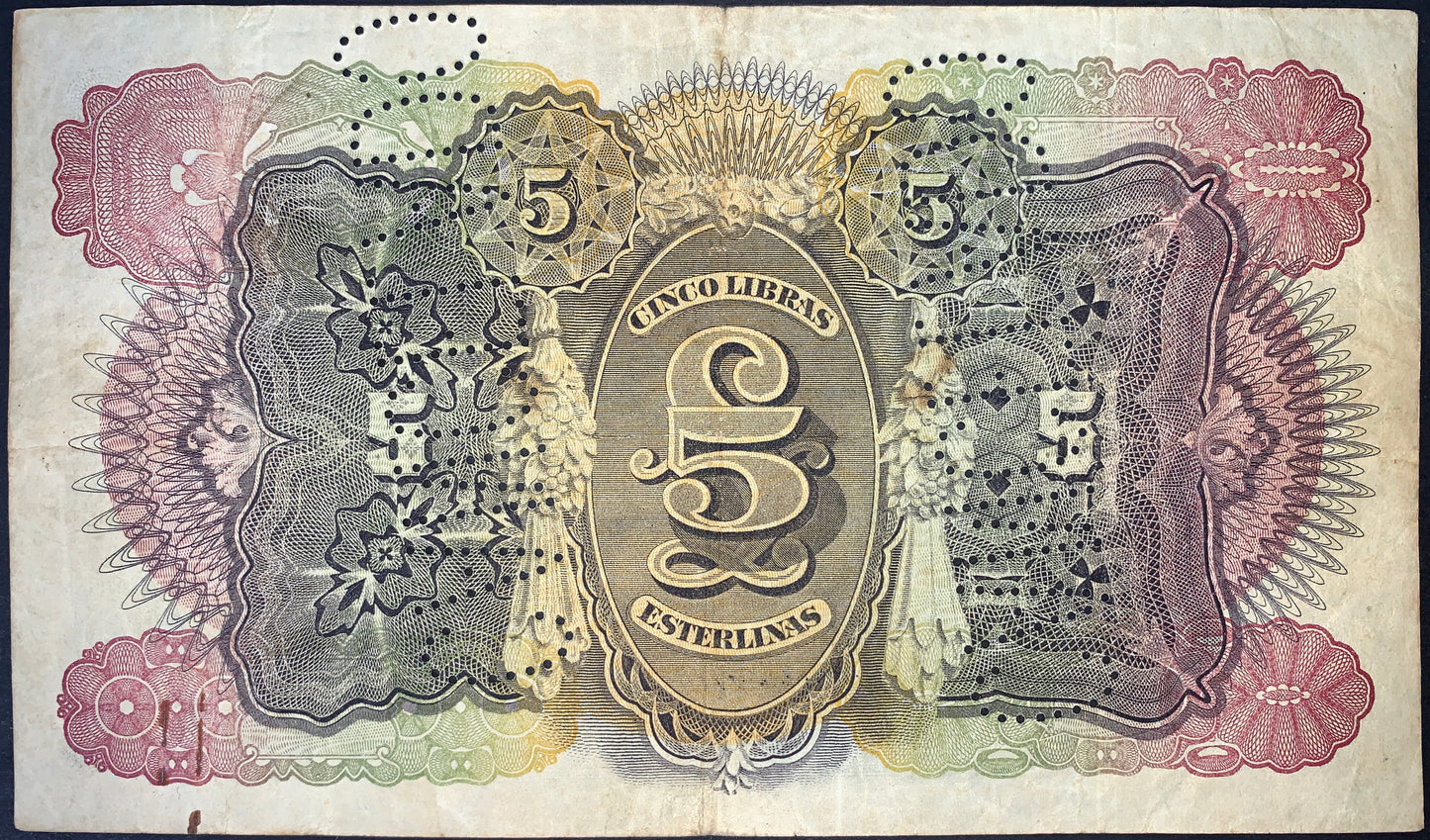 back of Mozambique 5 Libras 1934 P-R32 F CANCELLED collectible vintage banknote