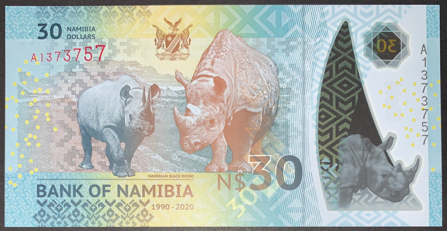 back of Namibia 30 Dollars 2020 P-18 UNC Polymer Commemorative Banknote with namibian black rhinos