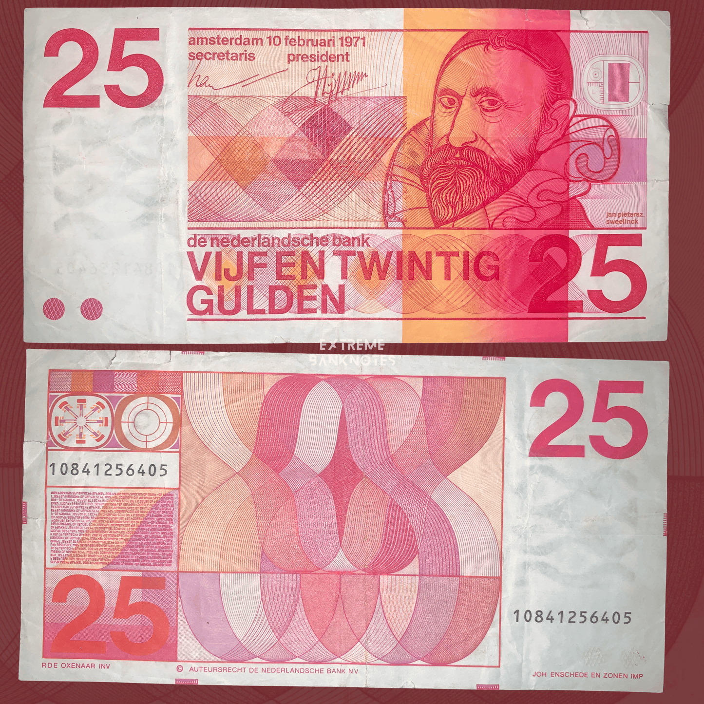 Front and back of an authentic Netherlands 25 Gulden banknote, Pick P-92, issued by De Nederlandsche Bank, featuring composer Jan Pieterszoon Sweelinck on the obverse, abstract geometric artwork on the reverse, vivid pink and orange colors, and circulated condition.