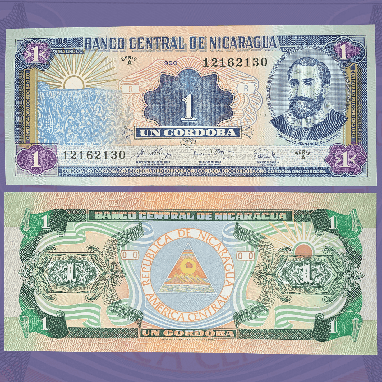 Obverse and reverse of an authentic Nicaragua 1 Córdoba Oro banknote 1990 P-173 featuring Francisco Hernández de Córdoba and a maize field at sunrise on the front, with the national coat of arms on the reverse.