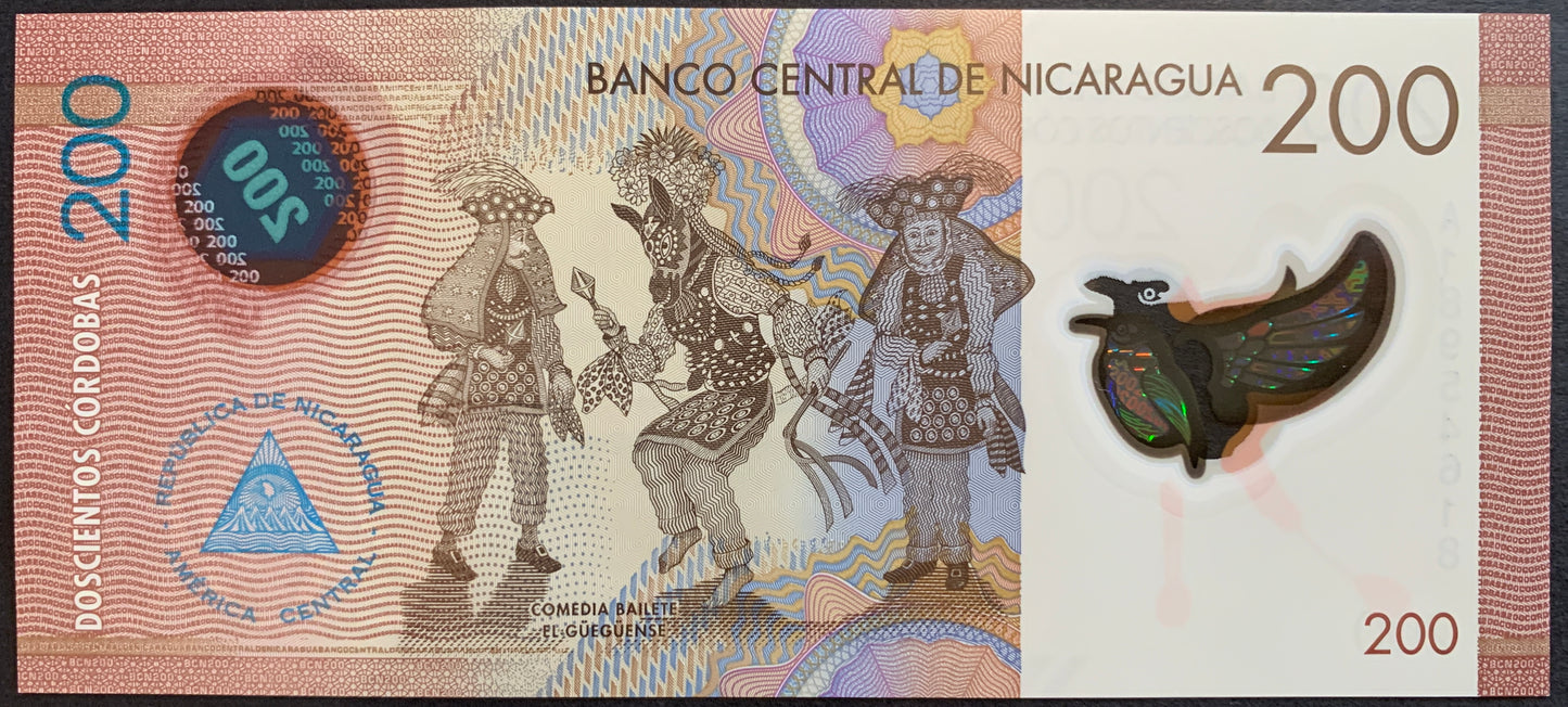 Nicaragua 200 Córdobas 2014 P-213a unc polymer banknote with El Güegüense comedy ballet dancers
