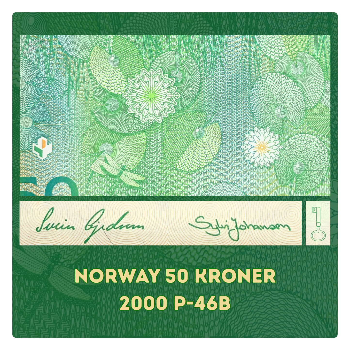 details of the back of Norway 50 Kroner 2000 XF P-46b collectible banknote