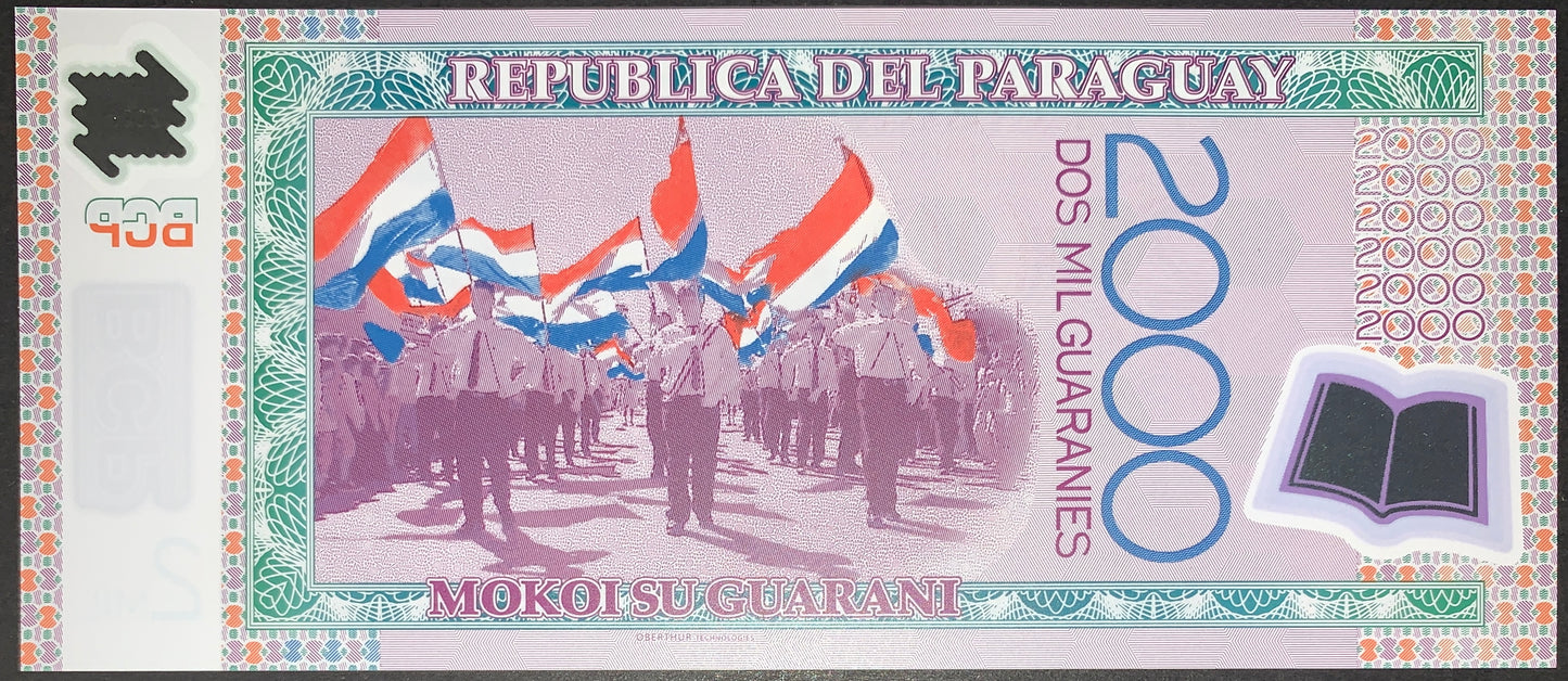 back of Paraguay 2000 Guaranies 2008 P-228a UNC Polymer collectible modern banknote with people holding national flag