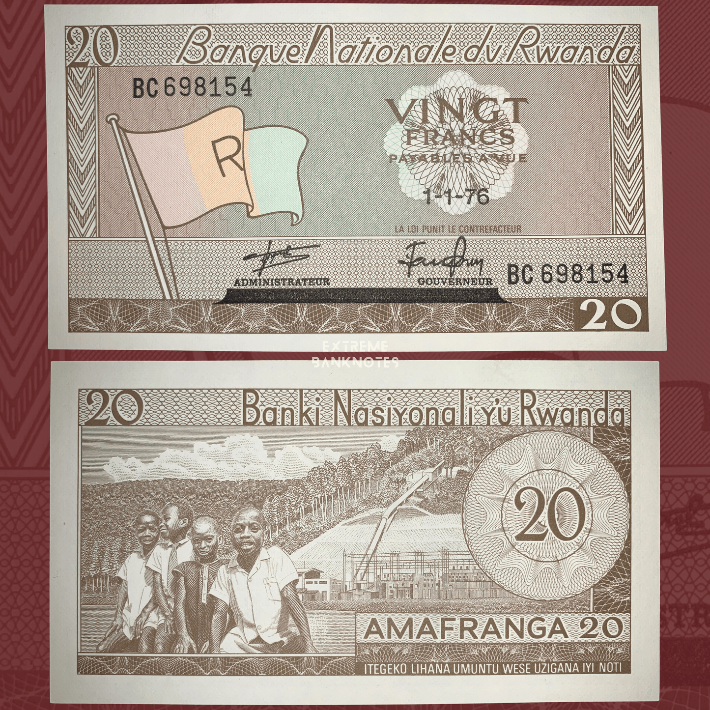 Rwanda 20 Francs P-6h banknote front and back scan featuring the national flag, schoolchildren, agricultural and industrial development scenes, bilingual inscriptions, serial numbers, and intricate brown-toned security engraving details.
