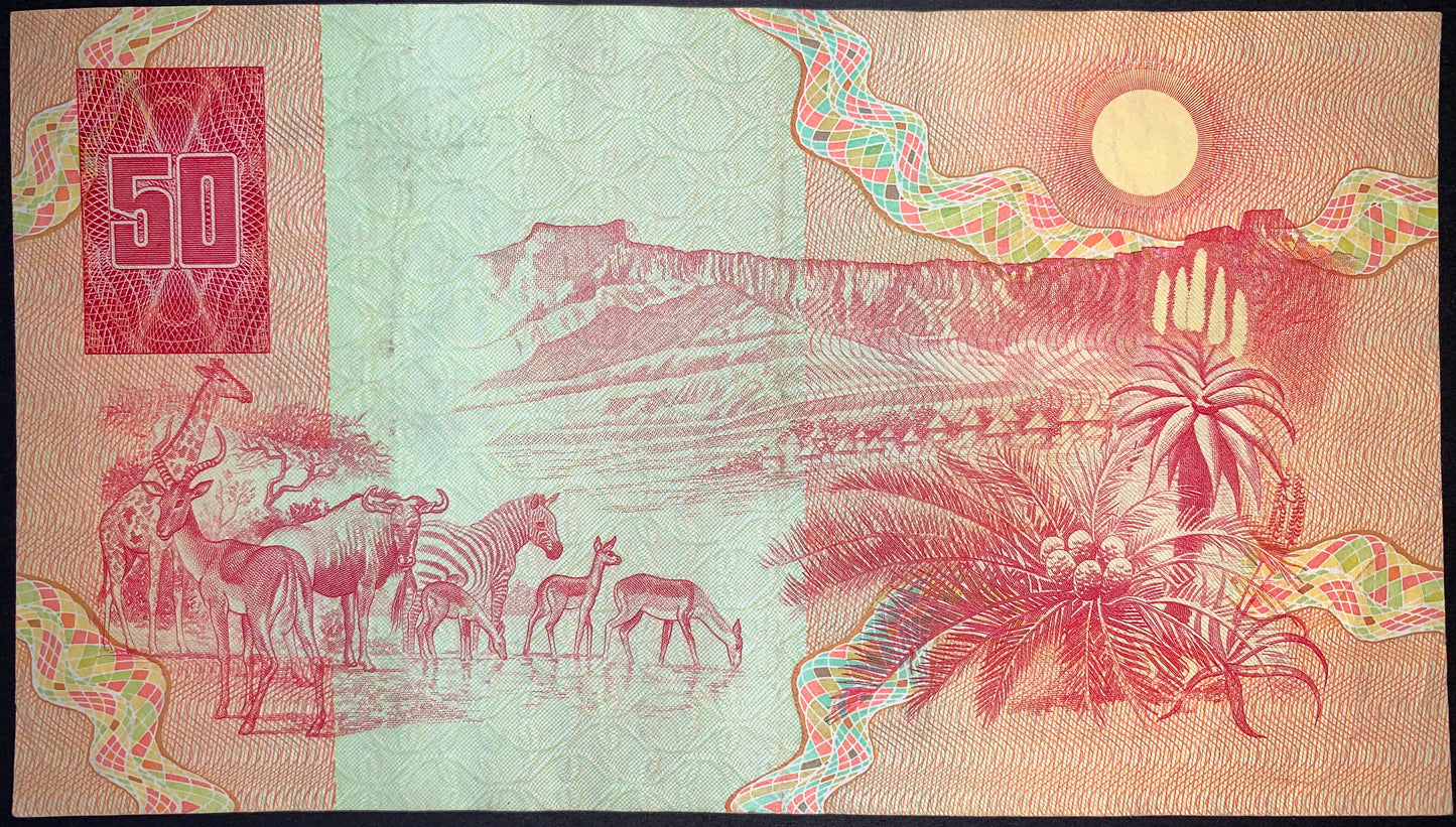 back of South Africa 50 Rand ND (1984) P-122a VF collectible vintage banknote with zebra, buffalo, giraffe, antelopes, and Drakensberg mountains