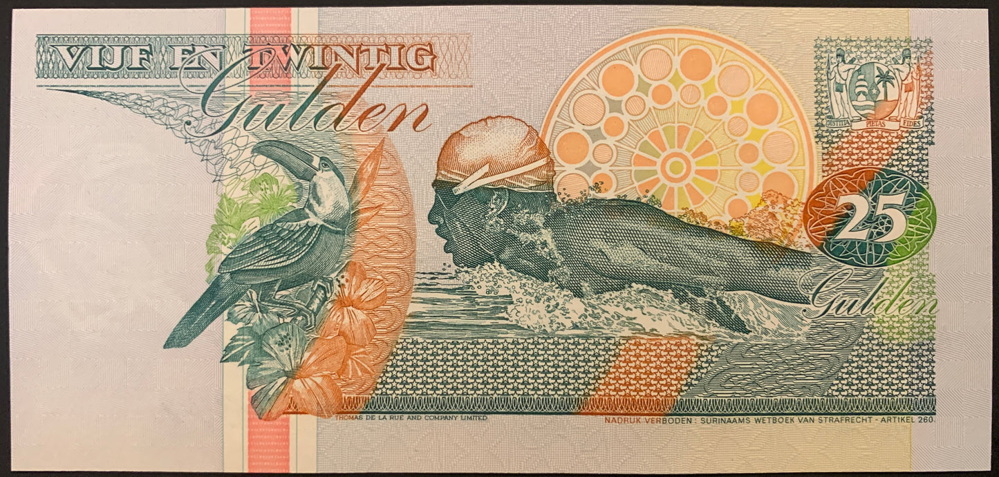 Suriname 25 Gulden 1998 P-138d UNC collectible south american banknote with toucan, flowers, and Anthony Nesty, olympic gold medalist in the 100m butterfly event in Seoul 1988