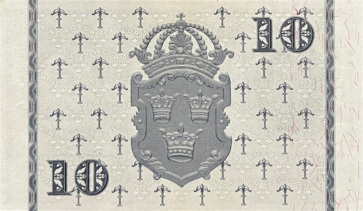 Back view of a 1959 Sweden 10 Kronor banknote showing the small coat of arms of Sweden with three crowns.