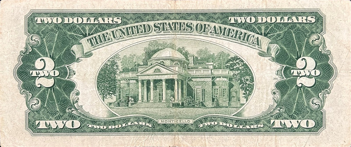 Back view of a Series 1953 USA 2 Dollars banknote showing Monticello, the home of Thomas Jefferson.