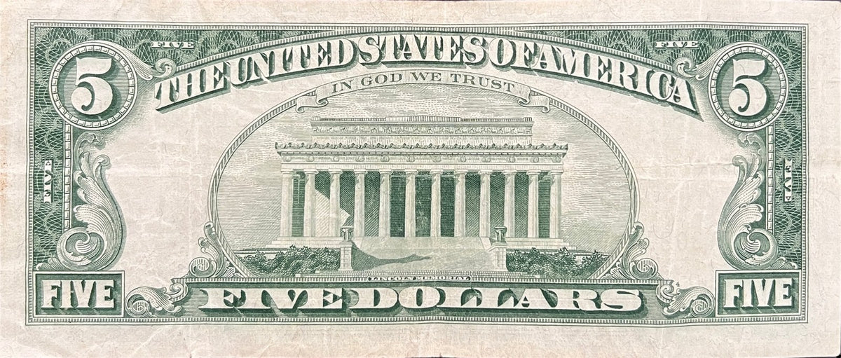 Back view of a Series 1963 USA 5 Dollars banknote showing the Lincoln Memorial in Washington, D.C.