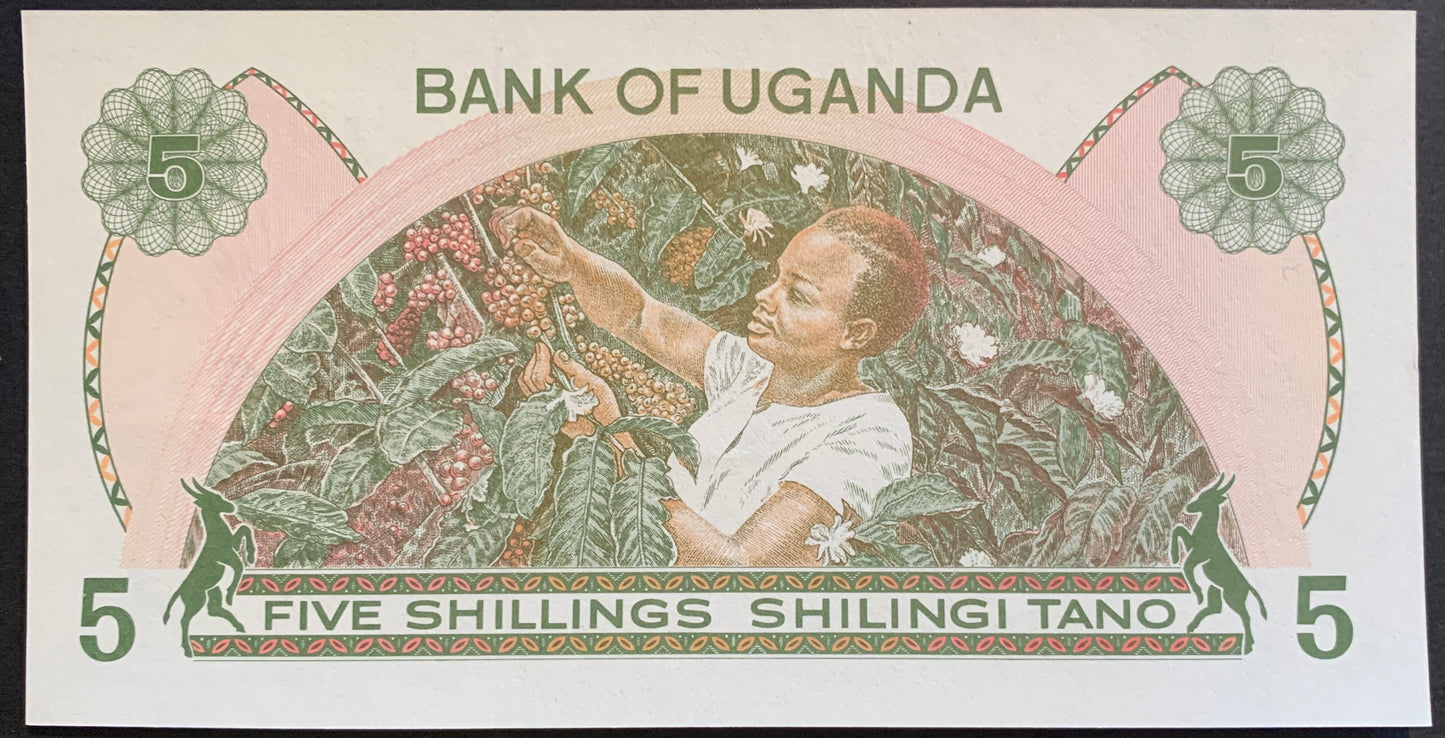 Uganda 5 Shillings ND (1982) P-15 UNC collectible african currency with woman picking coffee beans