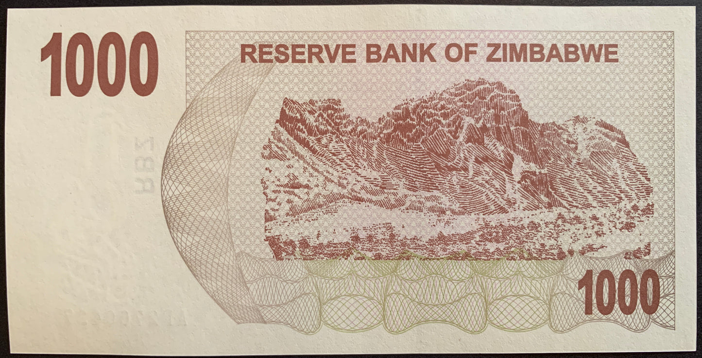 Zimbabwe 1000 Dollars 2006 P-44 hyperinflationary bearers cheque with terraced hills