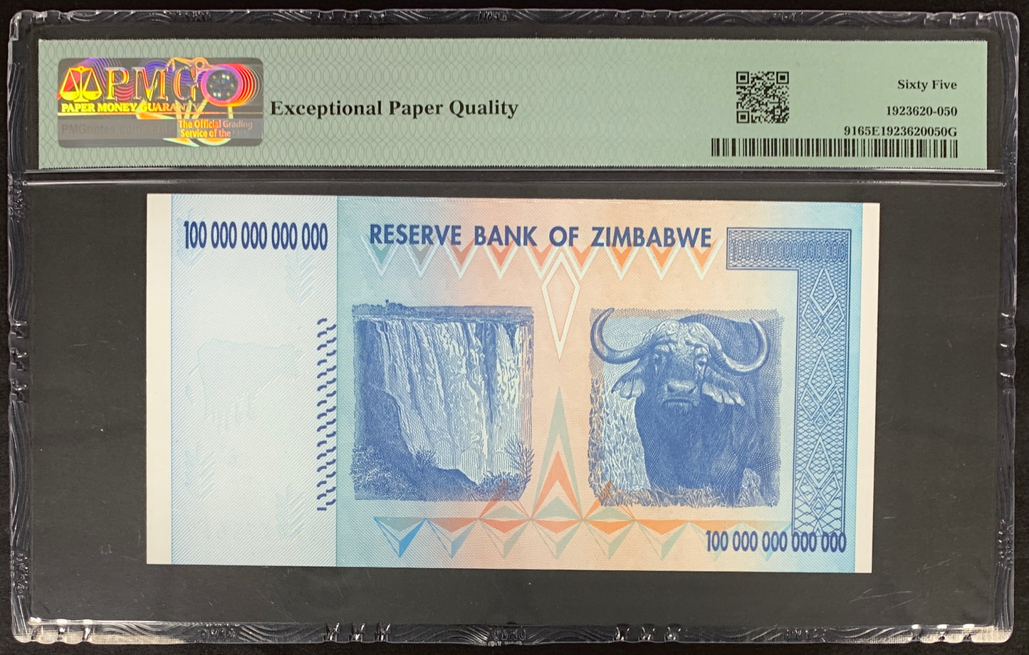 back of Zimbabwe 100 Trillion Dollars 0208 P-91 PMG 65 EPQ collectible graded banknote