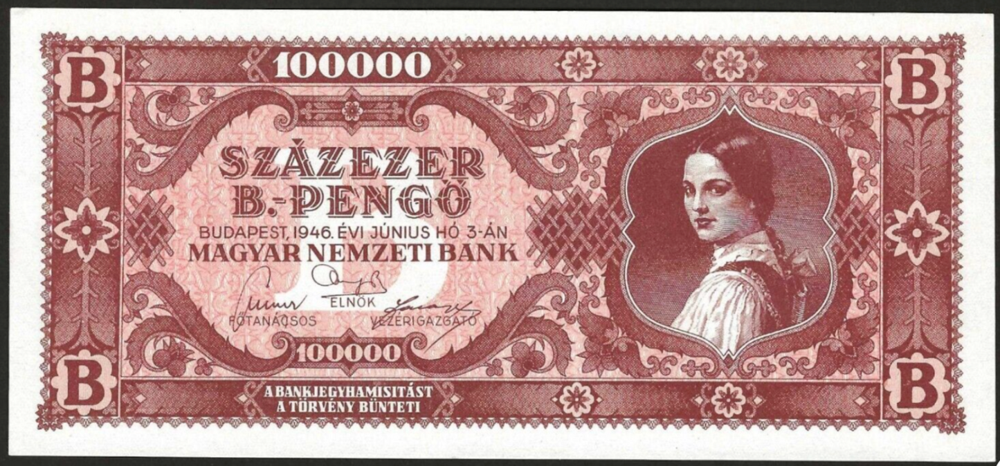 Hungary 100,000 B-Pengő 1946 P-133 (100,000,000,000,000,000 Pengos)