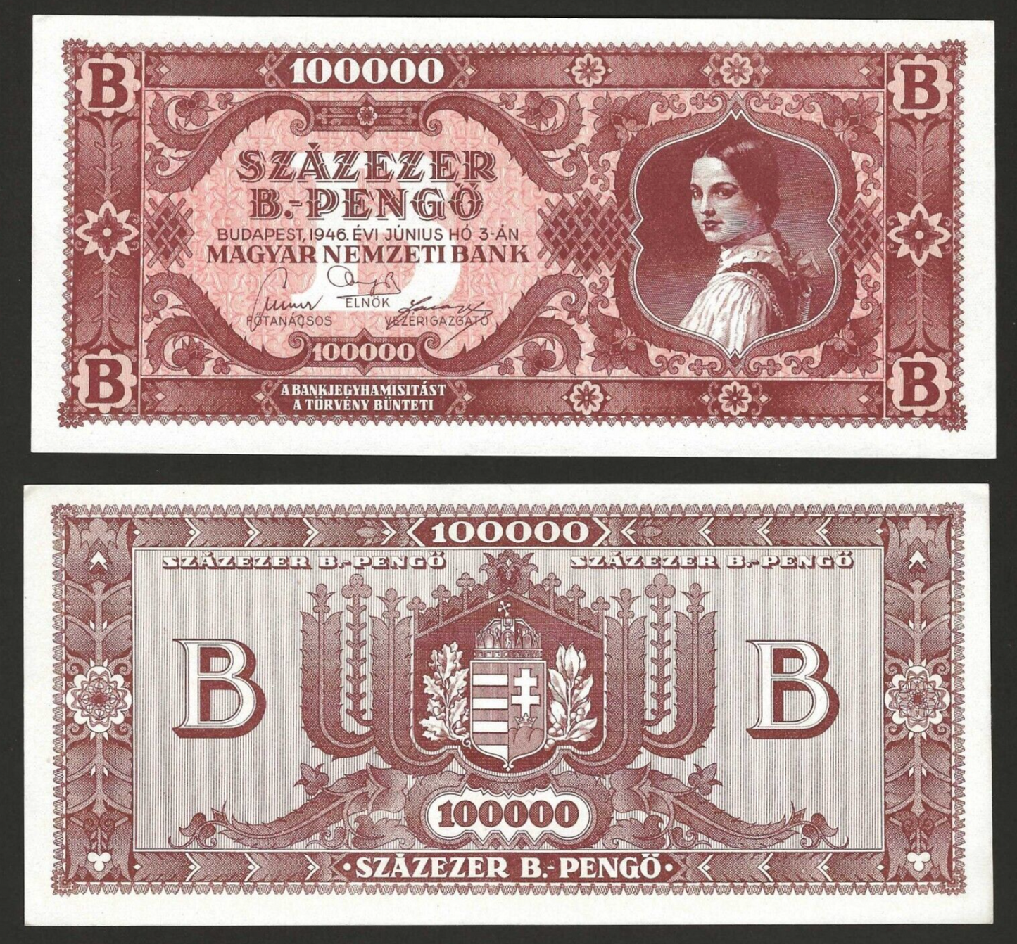 Hungary 100,000 B-Pengő 1946 P-133 (100,000,000,000,000,000 Pengos)