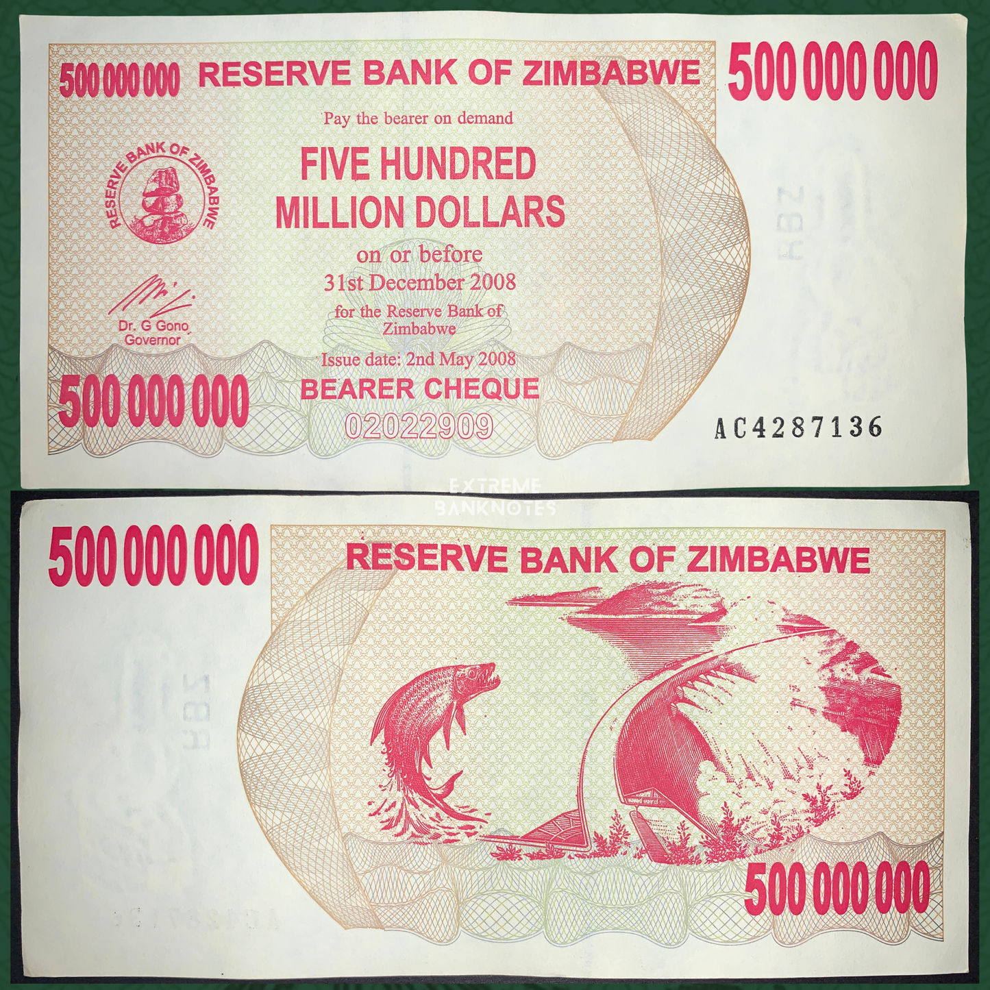 Zimbabwe 500 Million Dollars Bearer Cheque 2008 front and reverse, issued during historic hyperinflation, featuring bold pink denomination printing and aquatic wildlife illustration on reverse