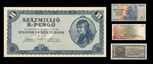 The record hyperinflation banknotes: Hungary 100 million b.-pengő 1946, Zimbabwe 100 trillion dollars, Yugoslavia 500 billion dinara and Greece 5 million drachmai