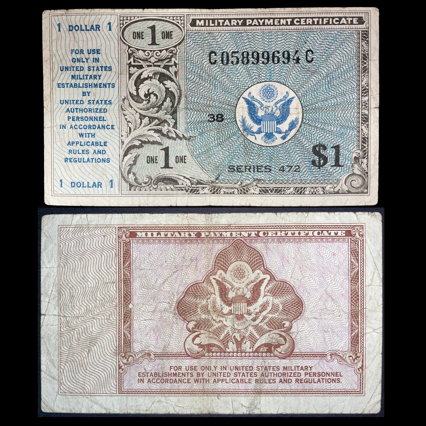 1948–1951 US Military Payment Certificate 1 Dollar, Series 472, showing the US eagle emblem on both sides with intricate engraved patterns.