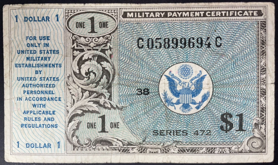 Obverse of a US Military Payment Certificate 1 Dollar, Series 472, featuring the American eagle emblem, blue guilloché patterns, serial number, and ornate denomination panels.