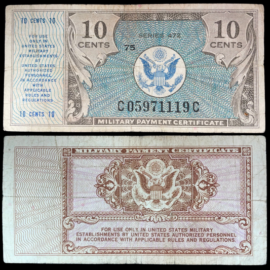 1948 US Military Payment Certificate 10 Cents, Series 472, showing the blue eagle design on the front and ornate reverse.