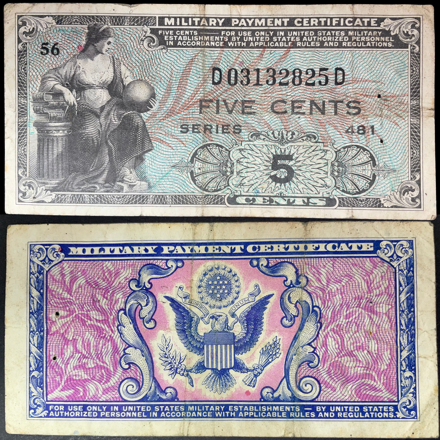 1951 US Military Payment Certificate 5 Cents, Series 481, showing a seated female figure on the front and the US eagle emblem on the reverse.