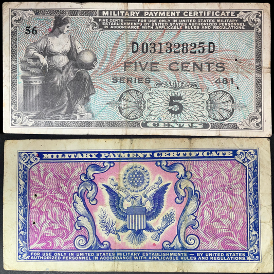 1951 US Military Payment Certificate 5 Cents, Series 481, showing a seated female figure on the front and the US eagle emblem on the reverse.