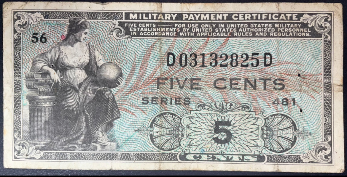 Obverse of a 1951 US Military Payment Certificate 5 Cents, Series 481, featuring a seated allegorical female figure holding a globe, with intricate multicolor engraved patterns and serial number.
