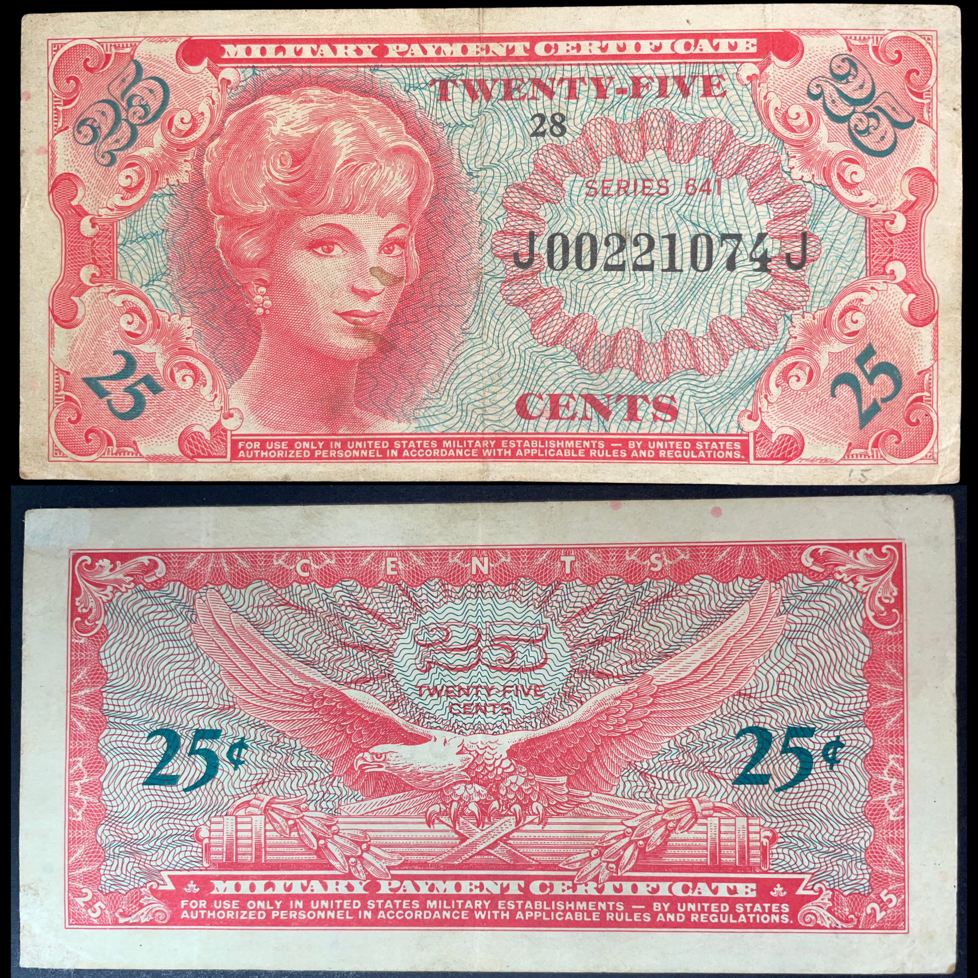 1965–1968 US Military Payment Certificate 25 Cents, Series 641, featuring a portrait on the front and an eagle with crossed cannon on the reverse.