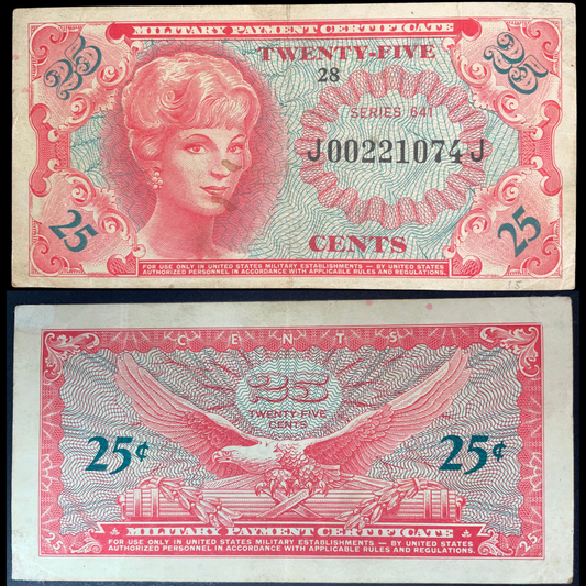 1965–1968 US Military Payment Certificate 25 Cents, Series 641, featuring a portrait on the front and an eagle with crossed cannon on the reverse.