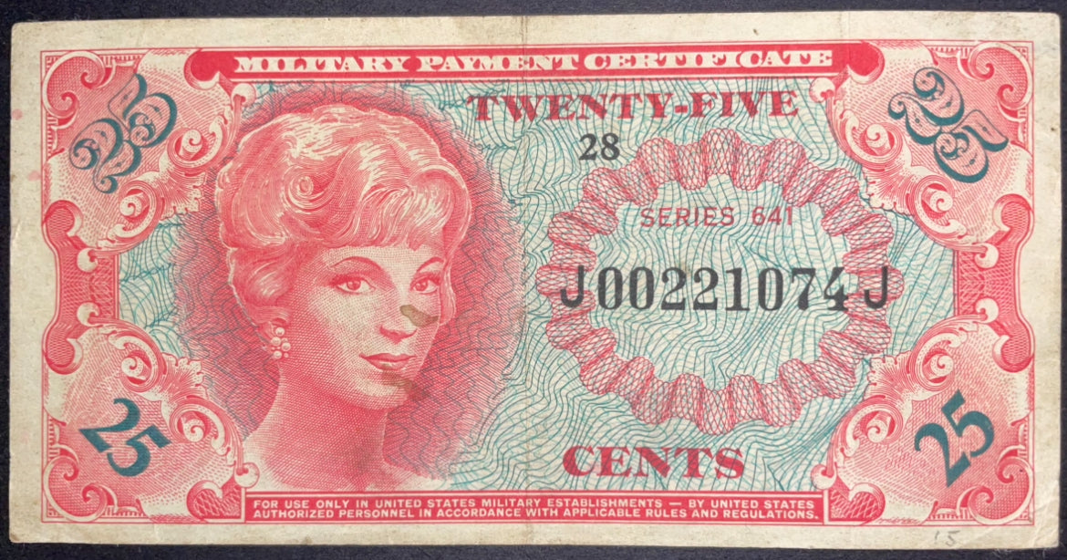 Obverse of a 25 Cents US Military Payment Certificate, Series 641, featuring a detailed portrait, red and blue engraved patterns, serial number, and ornate border.