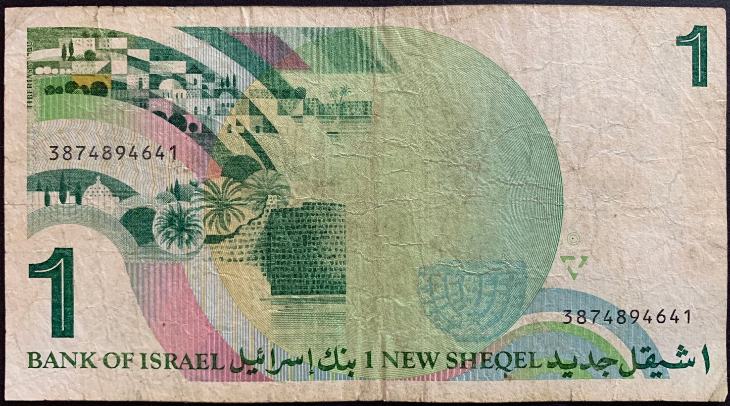 One New Shekel banknote from the Bank of Israel with a green and pink design.