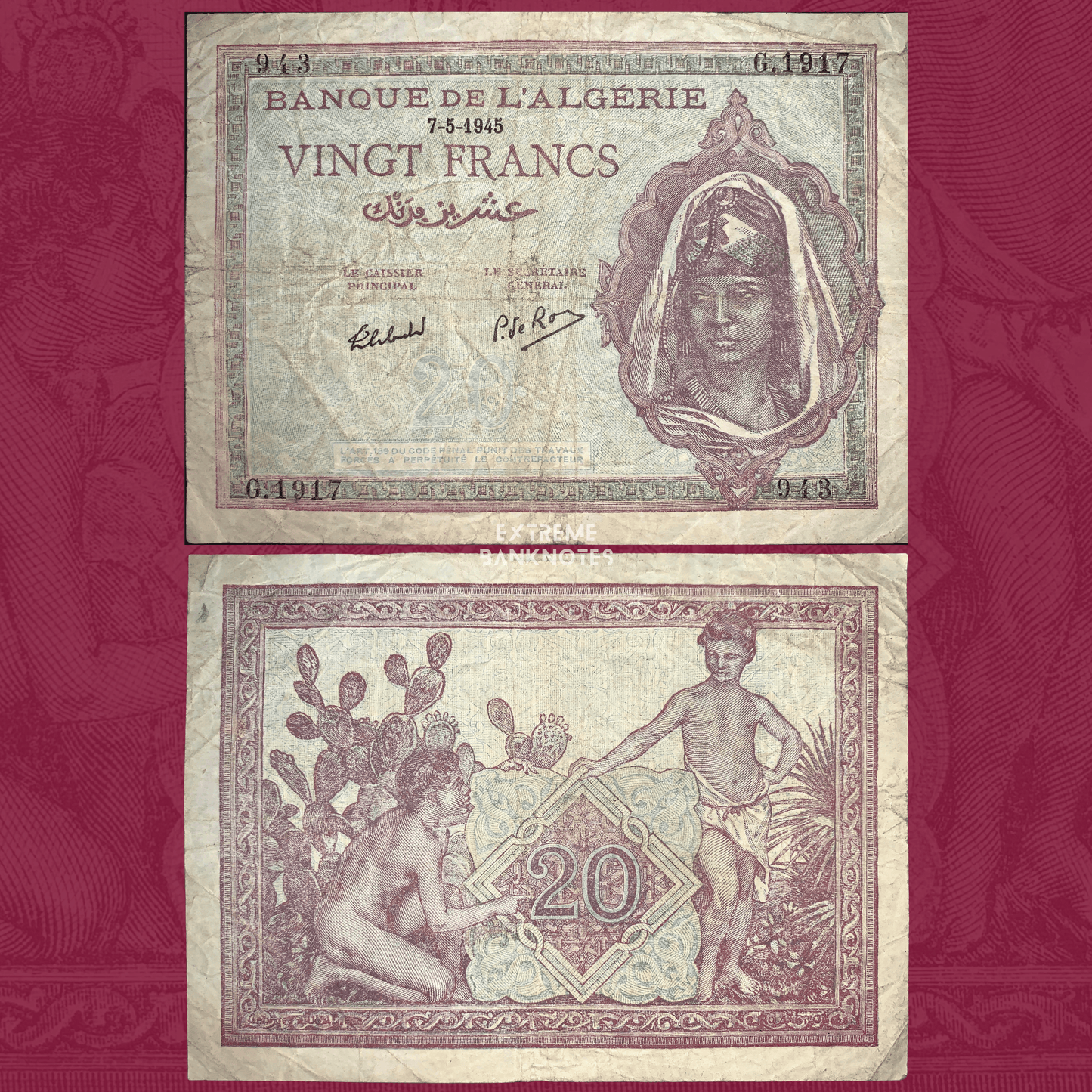 Front and back of Algeria 20 Francs banknote P-92b dated 7 May 1945. The obverse features a portrait of an Algerian woman wearing a traditional headscarf, bilingual French and Arabic inscriptions, Banque de l'Algérie title, purple and green engraved details, and serial numbers. The reverse depicts two children beside a large ornamental "20" denomination surrounded by prickly pear cacti and decorative borders. Circulated vintage Algerian banknote with visible folds, creases, and handling wear.