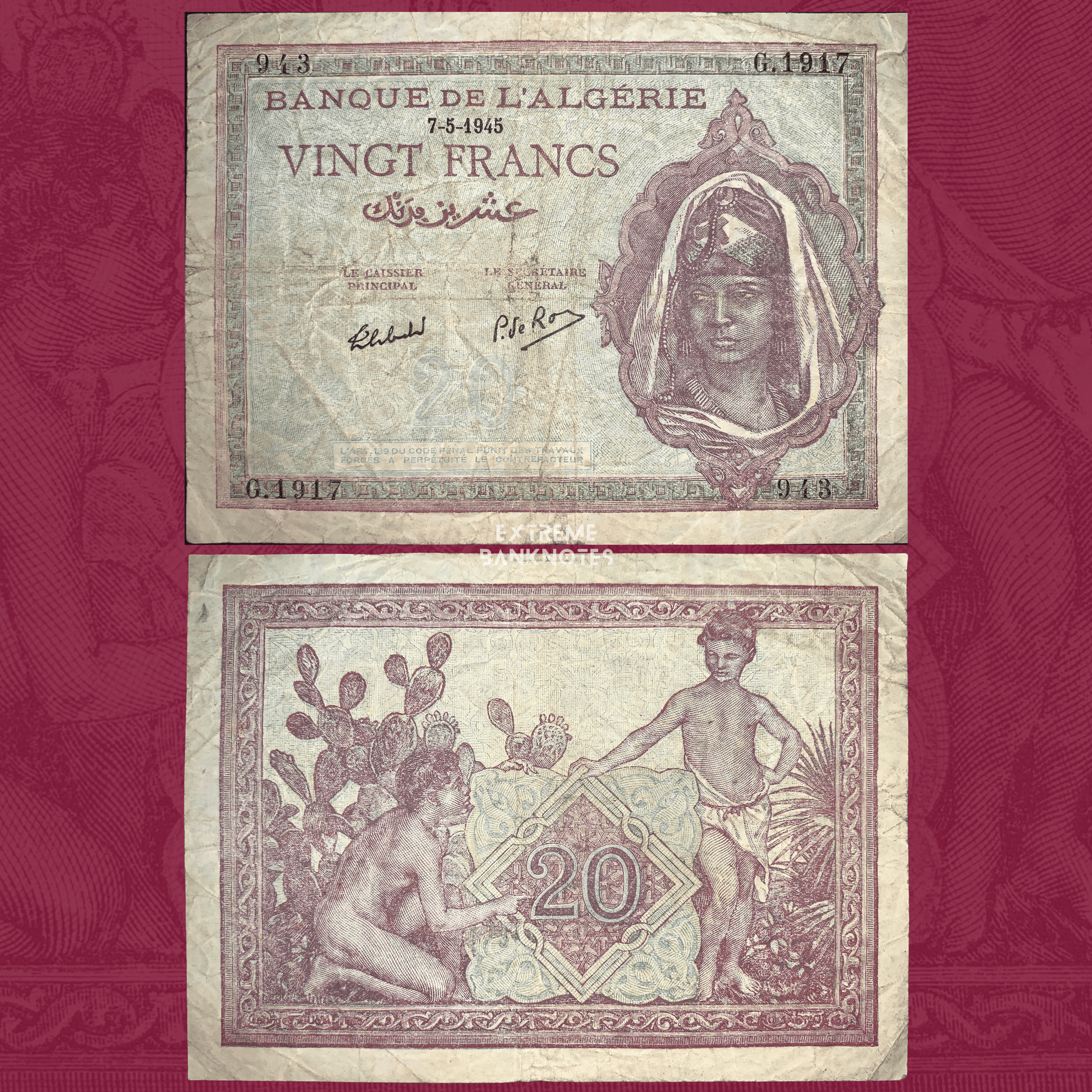 Front and back of Algeria 20 Francs banknote P-92b dated 7 May 1945. The obverse features a portrait of an Algerian woman wearing a traditional headscarf, bilingual French and Arabic inscriptions, Banque de l'Algérie title, purple and green engraved details, and serial numbers. The reverse depicts two children beside a large ornamental "20" denomination surrounded by prickly pear cacti and decorative borders. Circulated vintage Algerian banknote with visible folds, creases, and handling wear.