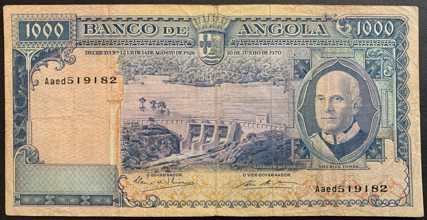 Angola 1000 Escudos 1970 P-98 collectible vitage colonial banknote with dam and portrait of man
