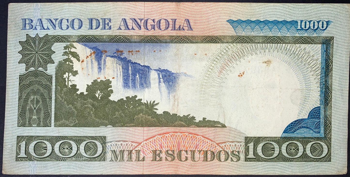 back of Angola 1000 Escudos 1973 P-108 VF collectible banknote with waterfall