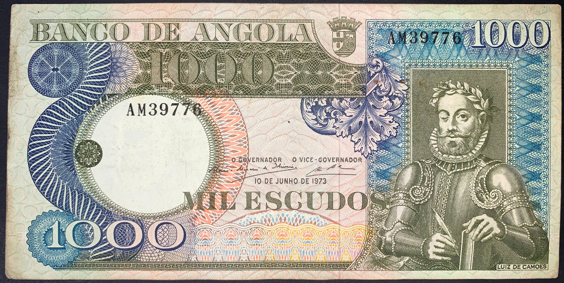 front of Angola 1000 Escudos 1973 P-108 VF collectible vintage banknote