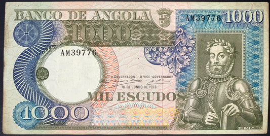 front of Angola 1000 Escudos 1973 P-108 VF collectible vintage banknote