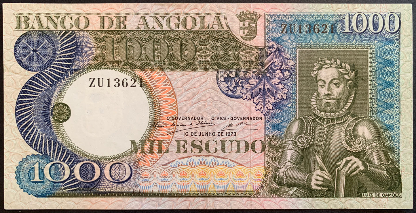 Angola 1000 Escudos 1973 P-108 vintage colonial collectible currency with portrait of man and leaves
