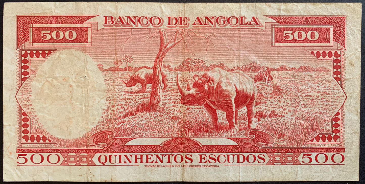 Angola 500 Escudos 1970 P-97 vintage collectible colonial currency with rhinos in field