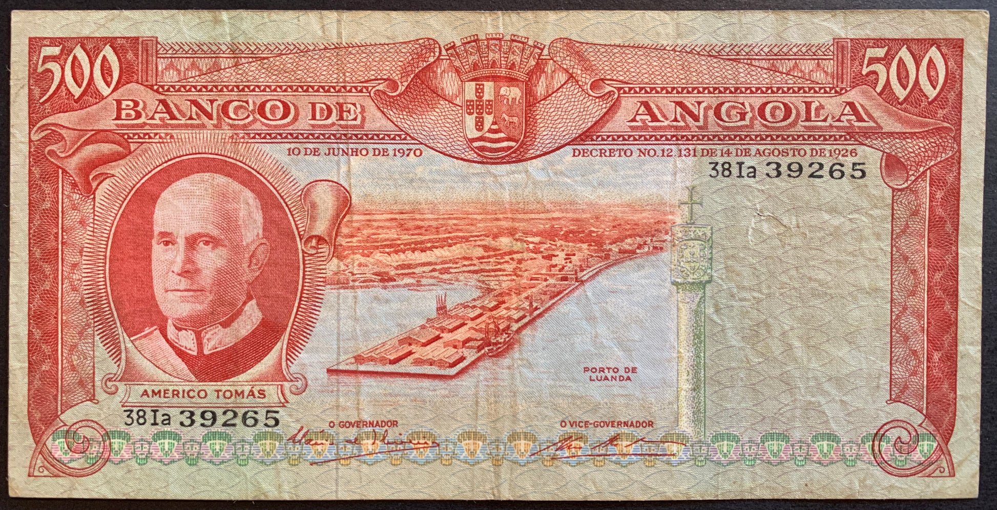 Angola 500 Escudos 1970 P-97 vintage colonial banknote with portrait of man and porto de Luanda