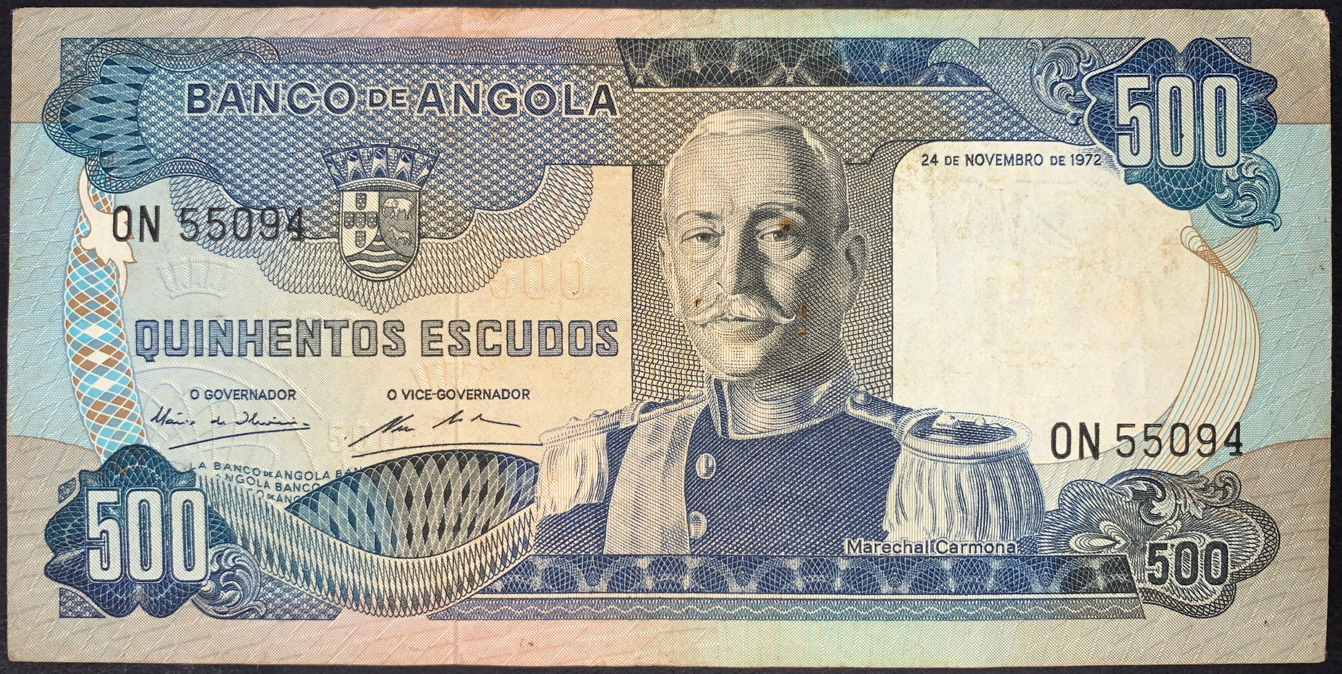 front of Angola 500 Escudos 1972 P-102 VF collectible vintage banknote with portrait of António Óscar de Fragoso Carmona