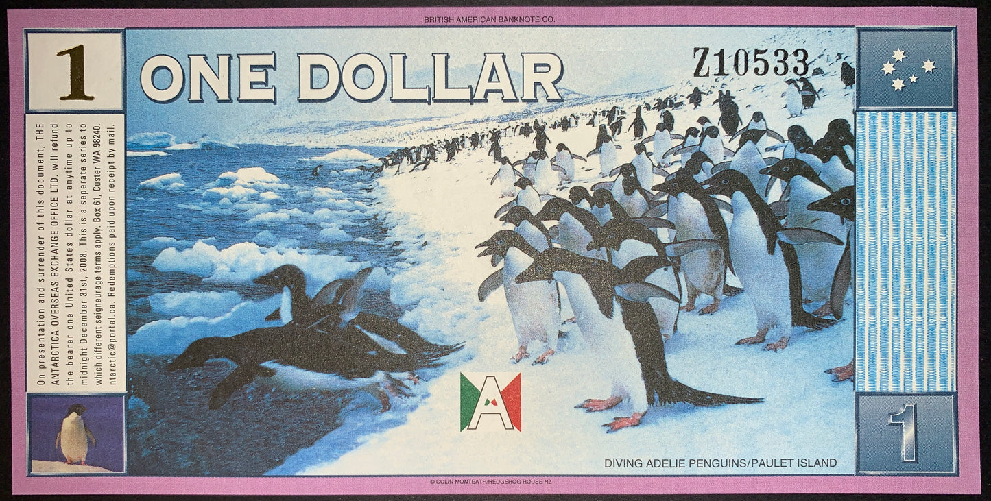 back of Antarctica 1 Dollar 1999 UNC Collectible Souvenir Banknote with penguins leaping from ice into water
