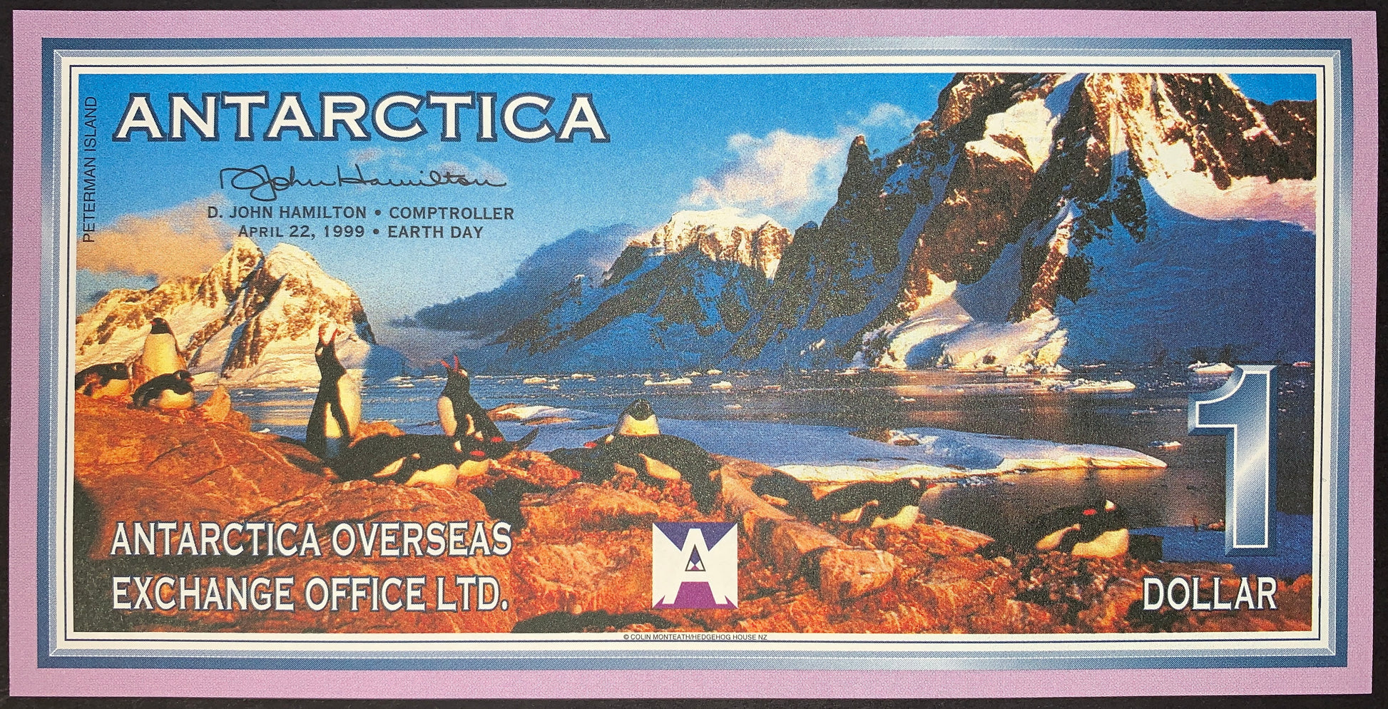 front of Antarctica 1 Dollar 1999 UNC Collectible Fantasy Banknote with landscape and penguins