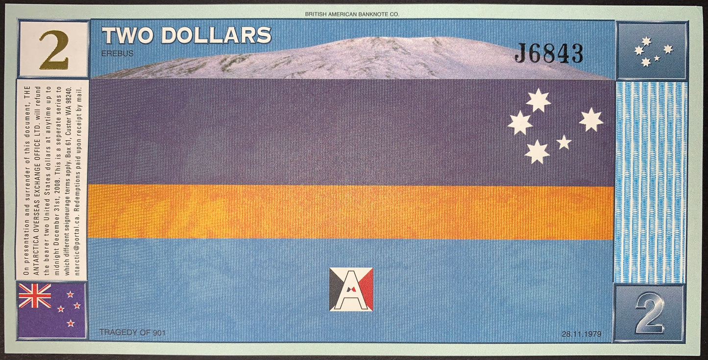 back of Antarctica 2 Dollars 1999 UNC Collectible Souvenir Banknote with tricolor flag