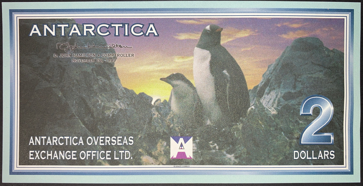 front of Antarctica 2 Dollars 1999 UNC Collectible Fantasy Banknote with adult penguin and chick